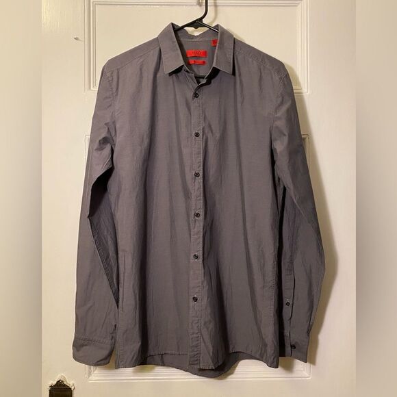 Hugo Boss Men's Slim Fit Button Down Classic Shirt Grey Sz Medium Neck 15.5 - Picture 1 of 11